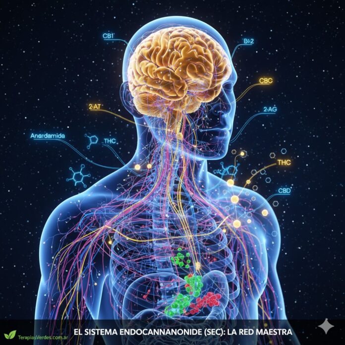 Ilustración científica del Sistema Endocannabinoide (SEC)