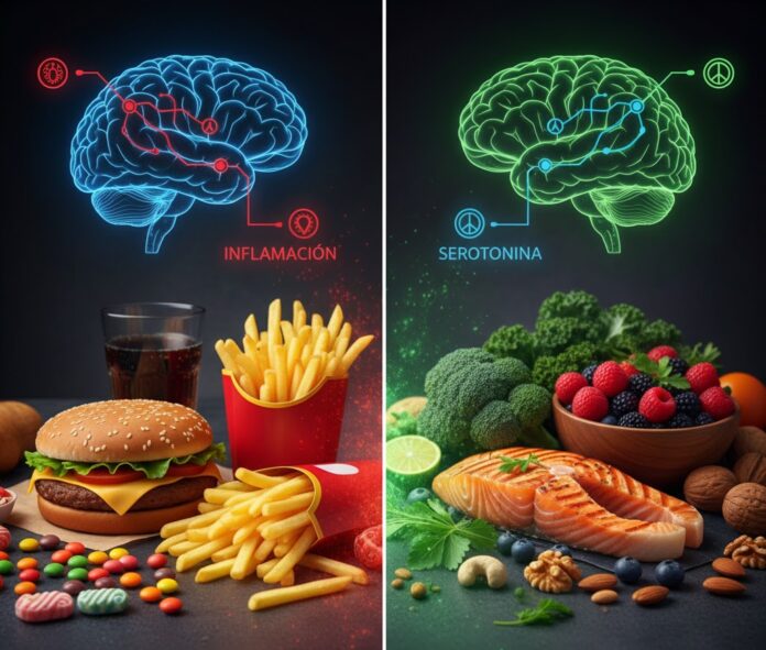 Efectos de la comida ultraprocesada en el bienestar mental Infografía sobre El Impacto de los Ultraprocesados en la Salud Mental y el cerebro