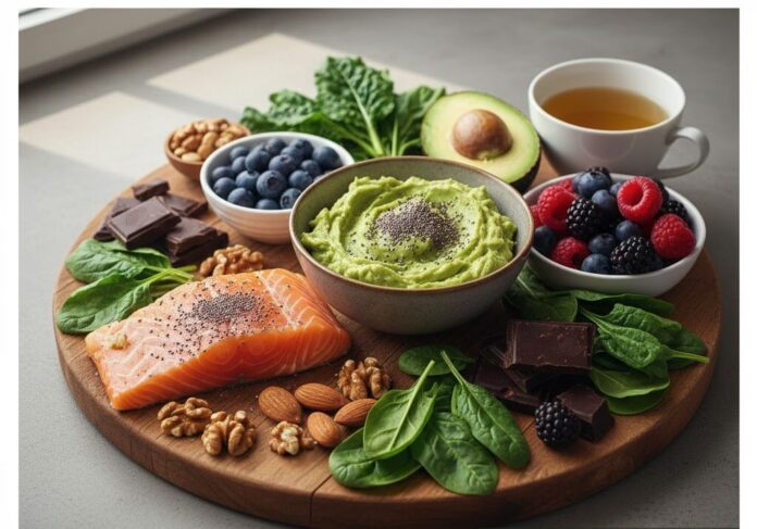 Nutrición para el control del cortisol Dieta Anti-Estrés y alimentos saludables sobre tabla de madera