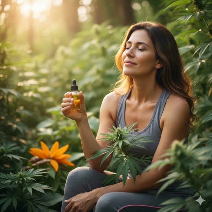 Cannabis en la Fibromialgia: mujer relajándose con aceite de cannabis en un cultivo