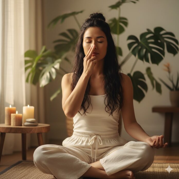 Mujer practicando Técnicas de Respiración (Pranayama) para Detener un Ataque de Pánico