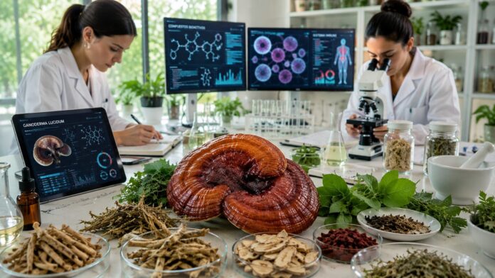 Adaptógenos y reishi: evidencia científica Hongo reishi (Ganoderma lucidum) fresco junto a plantas adaptógenas en un laboratorio de fitoterapia con material científico.