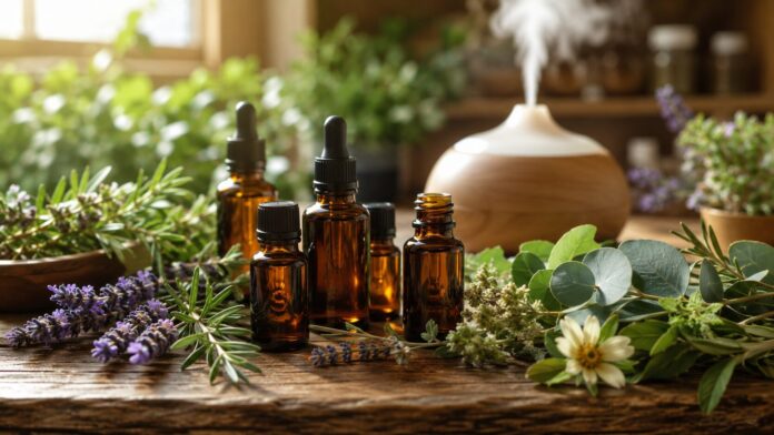 Frascos de aceites esenciales junto a plantas aromáticas frescas utilizadas en aromaterapia.