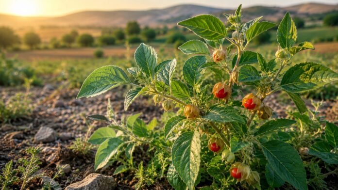 Planta de ashwagandha (Withania somnifera) con hojas verdes y frutos rojos en un cultivo natural.