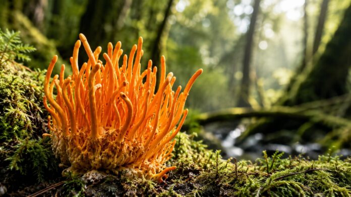 Cordyceps: evidencia científica y beneficios Hongo Cordyceps militaris fresco siendo estudiado por investigadoras en un laboratorio moderno de fitoterapia.