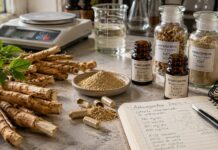Cómo se utiliza la ashwagandha y qué dosis se han estudiado hasta ahora Cápsulas de ashwagandha junto a raíz de Withania somnifera y material de laboratorio para el estudio de dosis.