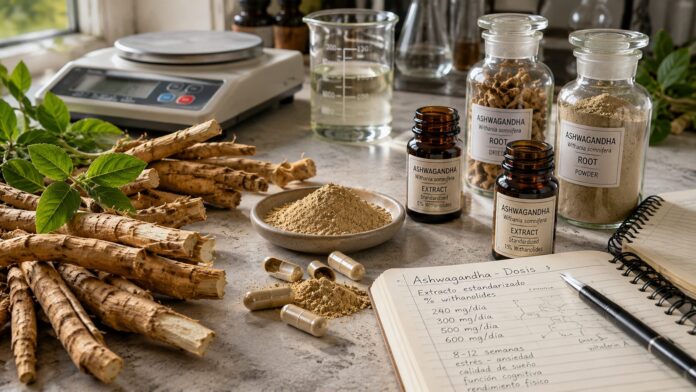 Dosis de ashwagandha estudiadas Cápsulas de ashwagandha junto a raíz de Withania somnifera y material de laboratorio para el estudio de dosis.