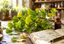 Todo lo que conviene saber sobre el Ginkgo Biloba antes de incorporarlo a tu rutina Hojas de ginkgo biloba de color verde y amarillo sobre una mesa de madera junto a un frasco con extracto vegetal.