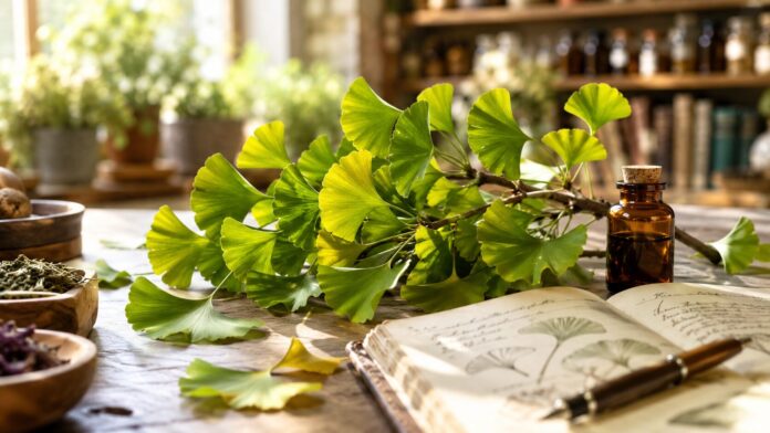 Ginkgo biloba en fitoterapia Hojas de ginkgo biloba de color verde y amarillo sobre una mesa de madera junto a un frasco con extracto vegetal.