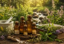 Homeopatía: una terapia que sigue generando preguntas más de dos siglos después Frascos homeopáticos de vidrio junto a un antiguo libro de medicina y plantas medicinales.