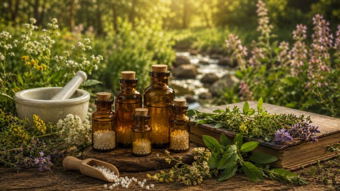 Homeopatía: más de dos siglos de historia Frascos homeopáticos de vidrio junto a un antiguo libro de medicina y plantas medicinales.
