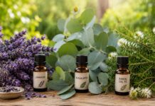 Lavanda, eucalipto y árbol del té: tres aromas que marcaron la historia de la aromaterapia Ramas de lavanda, hojas de eucalipto y árbol del té junto a frascos con aceites esenciales.