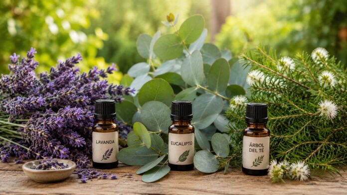 Lavanda, eucalipto y árbol del té en la aromaterapia Ramas de lavanda, hojas de eucalipto y árbol del té junto a frascos con aceites esenciales.