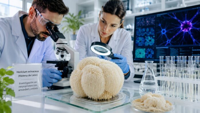 Melena de León para ansiedad y estrés Hongo Melena de León (Hericium erinaceus) estudiado en laboratorio por investigadores para analizar sus posibles efectos sobre la ansiedad y el estrés.