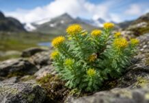 Rhodiola rosea: una planta adaptógena con potencial para el estrés, la fatiga y el rendimiento mental Planta Rhodiola rosea creciendo en una zona montañosa rocosa con sus características flores amarillas y hojas carnosas.
