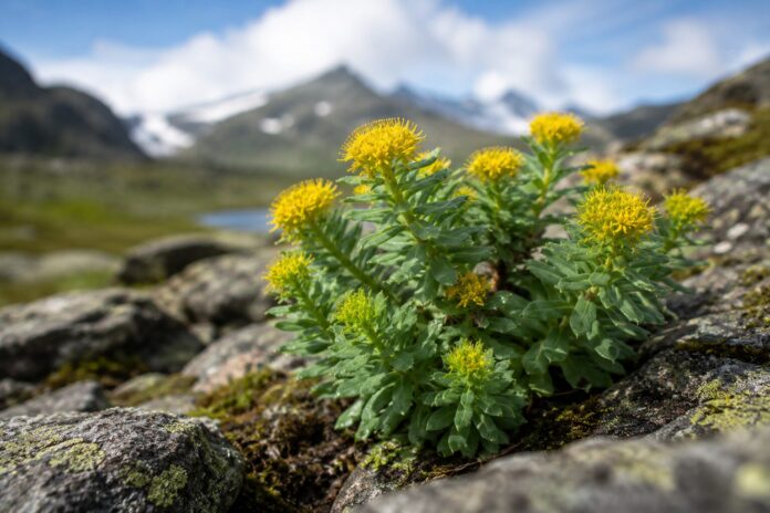 Rhodiola rosea: planta adaptógena Planta Rhodiola rosea creciendo en una zona montañosa rocosa con sus características flores amarillas y hojas carnosas.