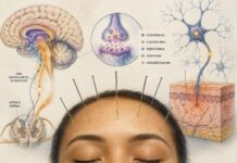 La ciencia explica cómo la acupuntura activa los mecanismos naturales del dolor Ilustración científica que muestra cómo la acupuntura activa los mecanismos naturales del dolor mediante la participación del cerebro, las neuronas y el sistema nervioso.