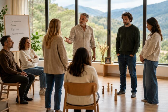 Grupo de personas participando en una dinámica de Constelaciones Familiares en un ambiente sereno.