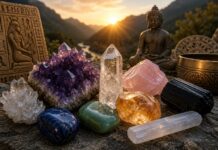 Las piedras que acompañaron al ser humano desde la antigüedad Colección de cristales naturales como amatista, cuarzo rosa, citrino y jade sobre una roca iluminada por la luz del amanecer.