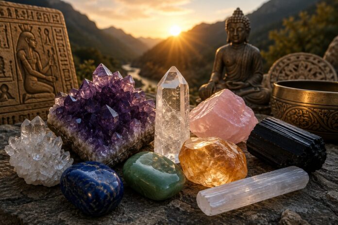 Las piedras que acompañaron al ser humano desde la antigüedad Colección de cristales naturales como amatista, cuarzo rosa, citrino y jade sobre una roca iluminada por la luz del amanecer.