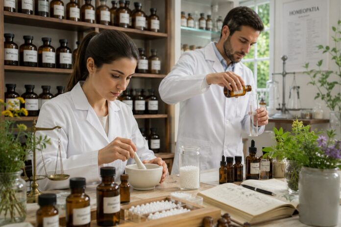 Cómo se elaboran los medicamentos homeopáticos Frascos homeopáticos, glóbulos blancos y material de laboratorio utilizados durante la elaboración de medicamentos homeopáticos.