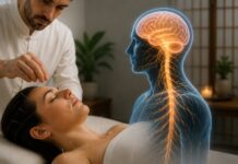 Lo que ocurre en el sistema nervioso durante una sesión de acupuntura Acupuntor realizando una sesión de acupuntura mientras se representa el sistema nervioso humano y la respuesta neurológica al tratamiento.