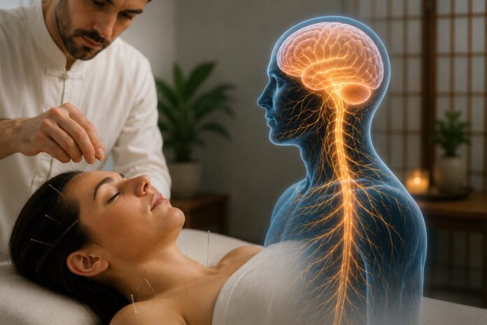 Acupuntor realizando una sesión de acupuntura mientras se representa el sistema nervioso humano y la respuesta neurológica al tratamiento.