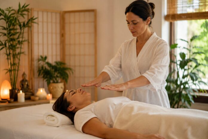 Reiki: una práctica japonesa orientada al bienestar Practicante de Reiki realizando una sesión de imposición de manos en un entorno natural y relajante.